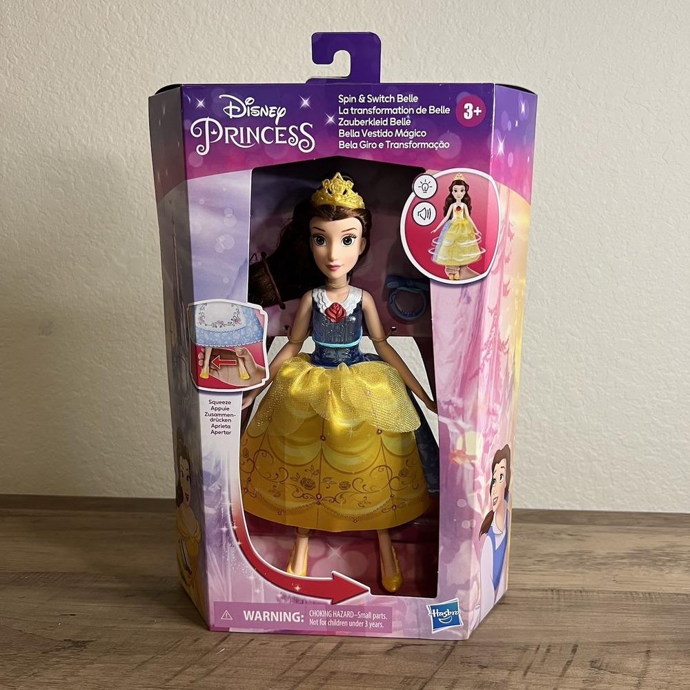 NEW Disney Princess Spin & Switch Belle Doll Lights Sounds Transforming Dress